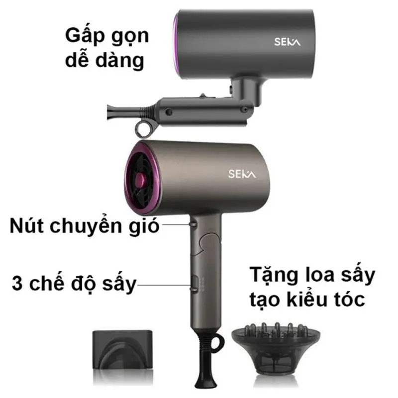 Máy sấy tóc công suất lớn 2 chiều nóng lạnh SEKA SK2008 công suất 2200W nhựa PPE chịu nhiệt tạo kiểu với 3 chức năng sấy 5