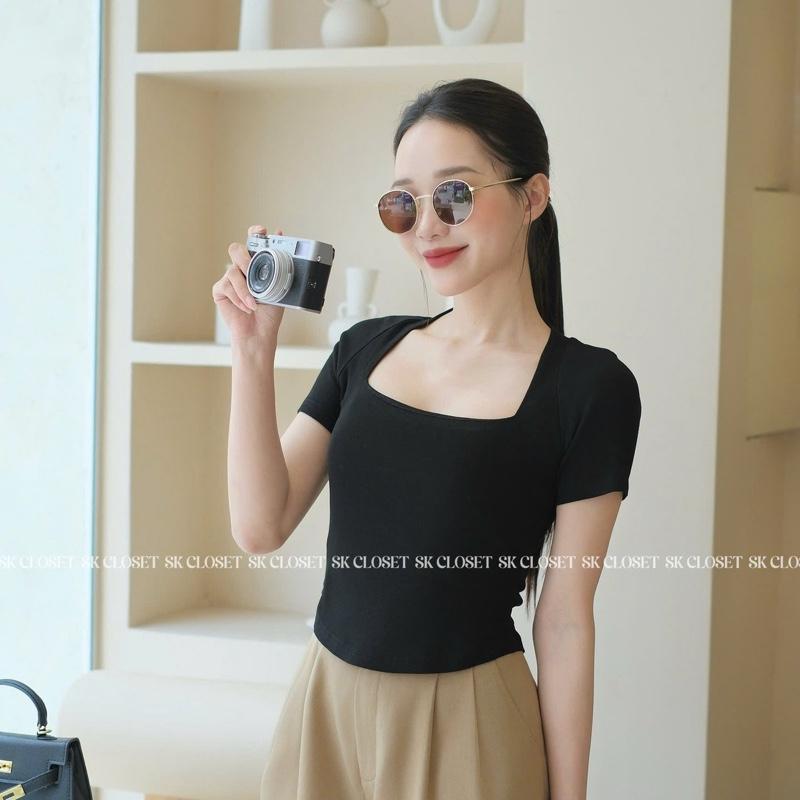  AC13 - Áo Thun Nữ Tay Cộc Cổ Vuông Vạt Bầu Dáng Lửng Chất Cotton Bozip Co Giãn Mềm Mịn 