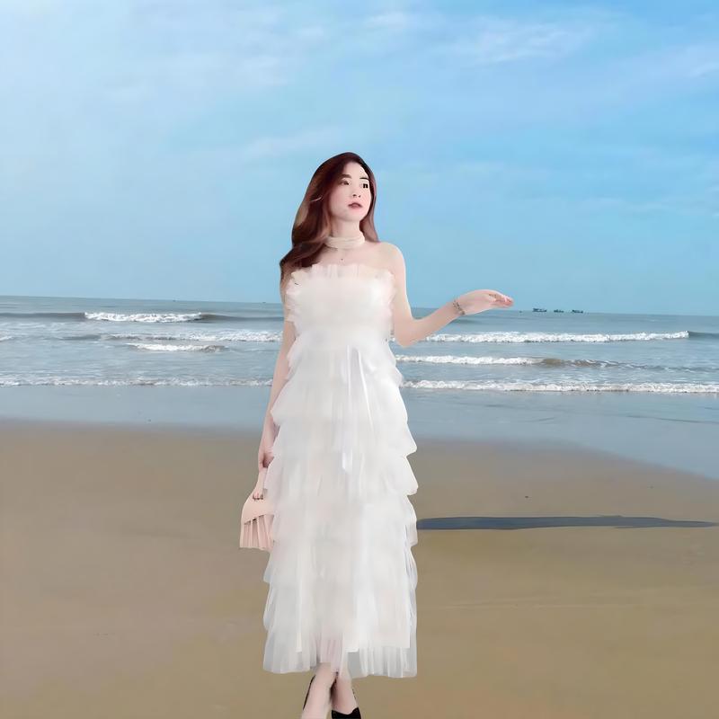 Đầm tầng lưới 2 dây có mút sang chảnh - Thời Trang TIX đơn nữ váy trắng kem voan trắng Nhung Women Voi Dress Màu Trắng promdress katie 7