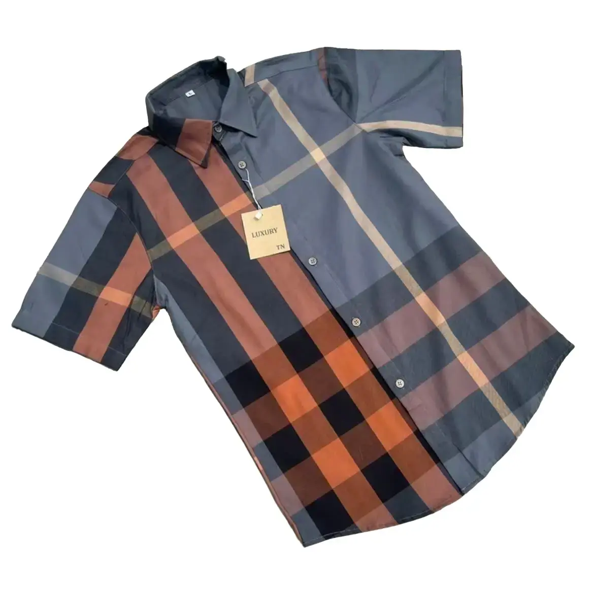 Áo sơ mi nam ngắn tay màu xám  phối caro nâu đỏ chất vải cotton mềm min thoáng mát mã 131 Menswear Có Cổ