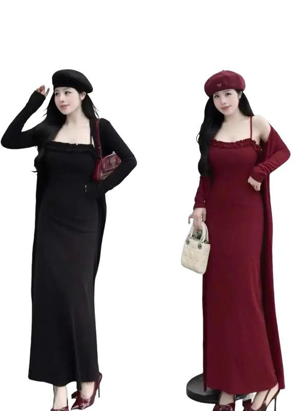 Set đầm hai dây suông viền bèo kèm áo khoác dáng dài thanh lịch - thun gân lạnh BD941 Váy boby , váy body nữ tôn dáng , váy xinh , váy đi tiệc , váy đi biển