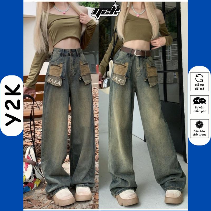 (SUÔNG NẤM LÙN) Quần JEAN XUÔNG NỮ THÊU chữ KAKA Phối Rách Túi Suông Ống Rộng Cạp Cao Phủ Bụi CHO NẤM LÙN Lưng Cao 9 tấc 90cm Y2K Pants quansuong namlun m5 suong theu size xs jeans