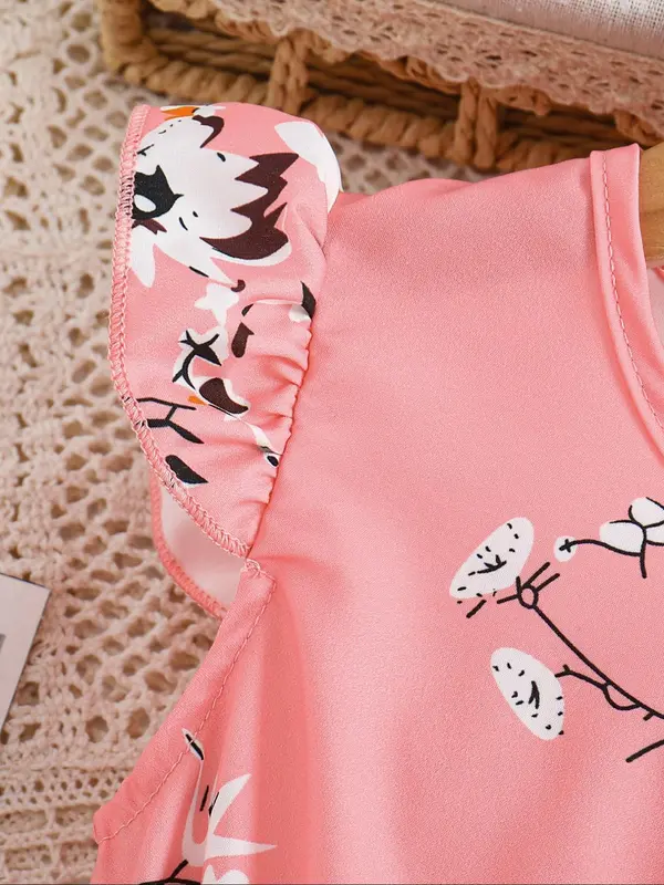 Girl's Floral Print Belted A Line Dress, Elegant Butterfly Sleeve Keyhole Back Dress for Summer, Kids Clothes for Daily Wear 4