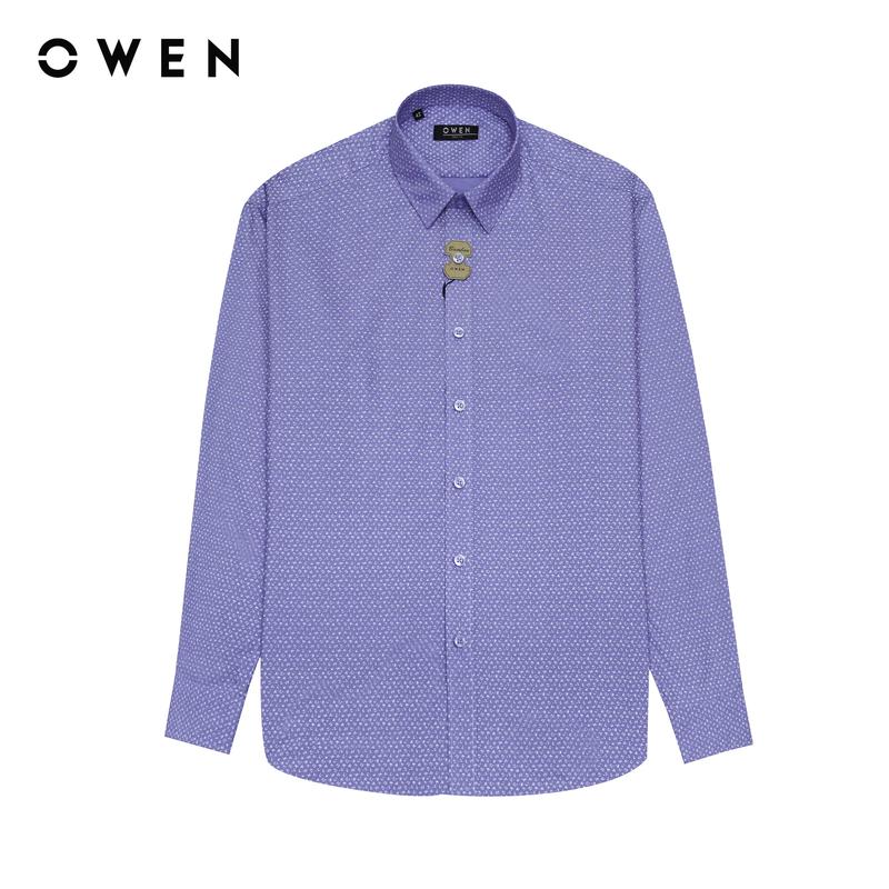  OWEN - Áo Sơ mi Nam dài tay Slim Fit AS230681D màu Xanh in chất liệu Bamboo -   Kem Hoạ tiết In thêu Menswear 