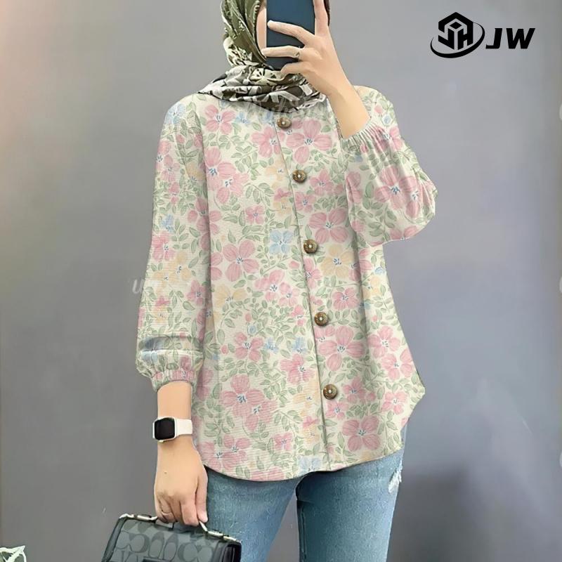 Product Introduction of Baju Raya 2025 Viral Nude Blouse Puff Sleeve Muslim Shirt Long Dress Korean Style Muslimah Small Floral Muslim Shirt + Skirt Set 33