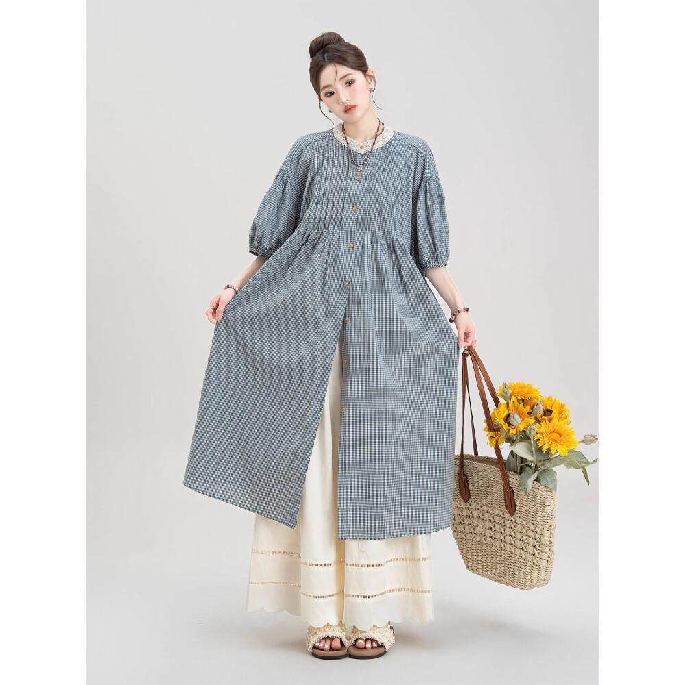 CHICMORE Setelan dua potong kotak - kotak untuk wanita dengan celana panjang dan lengan tiga perempat gaya modis