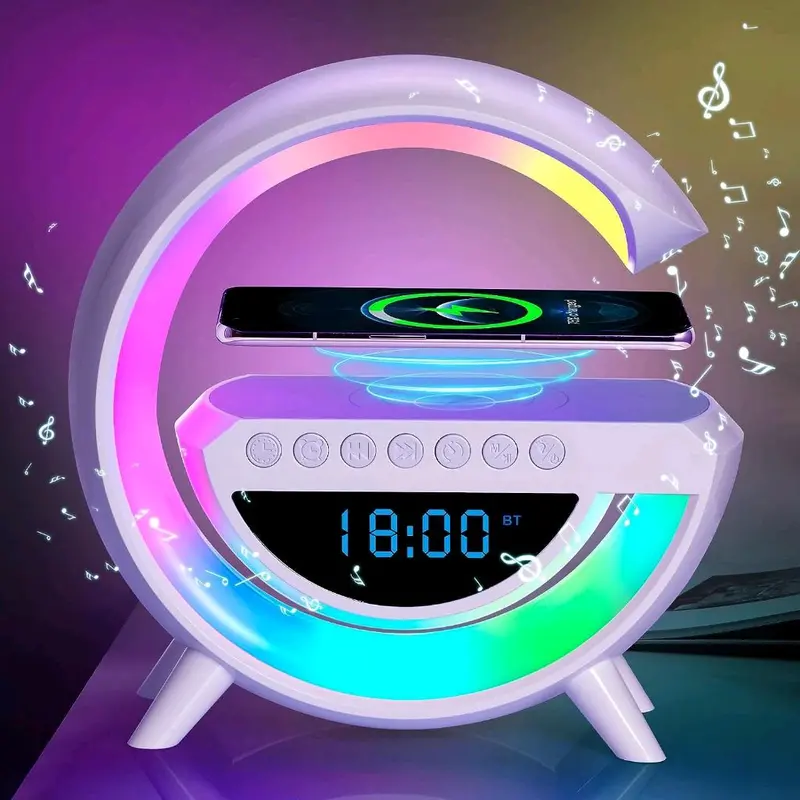 Speaker Bluetooth Lampu Multifungsi Ambient Seven Colour Light Pengisi Daya Nirkabel 15W + Jam Meja Alarm Digital 0