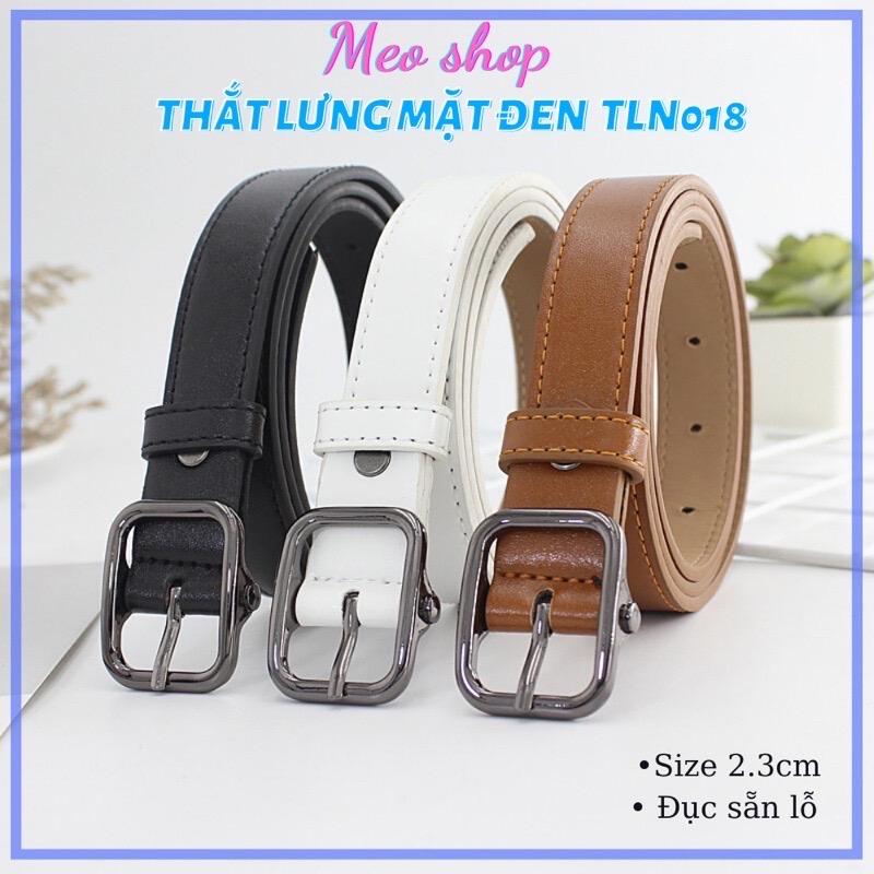 Thắt lưng bản nhỏ nam nữ Meo shop TLN018 mặt đen bóng may viền - Dây lưng mặt đen cá tính học sinh nam nữ