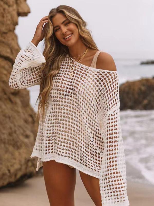 Women's Sexy Hollow Out Asymmetrical Neck Cover Up, Regular Fit Chic Comfort Summer Clothes Long Sleeve Top, Ladies Clothes for Beach Holiday, Womenswear, Beach Cover Ups 0