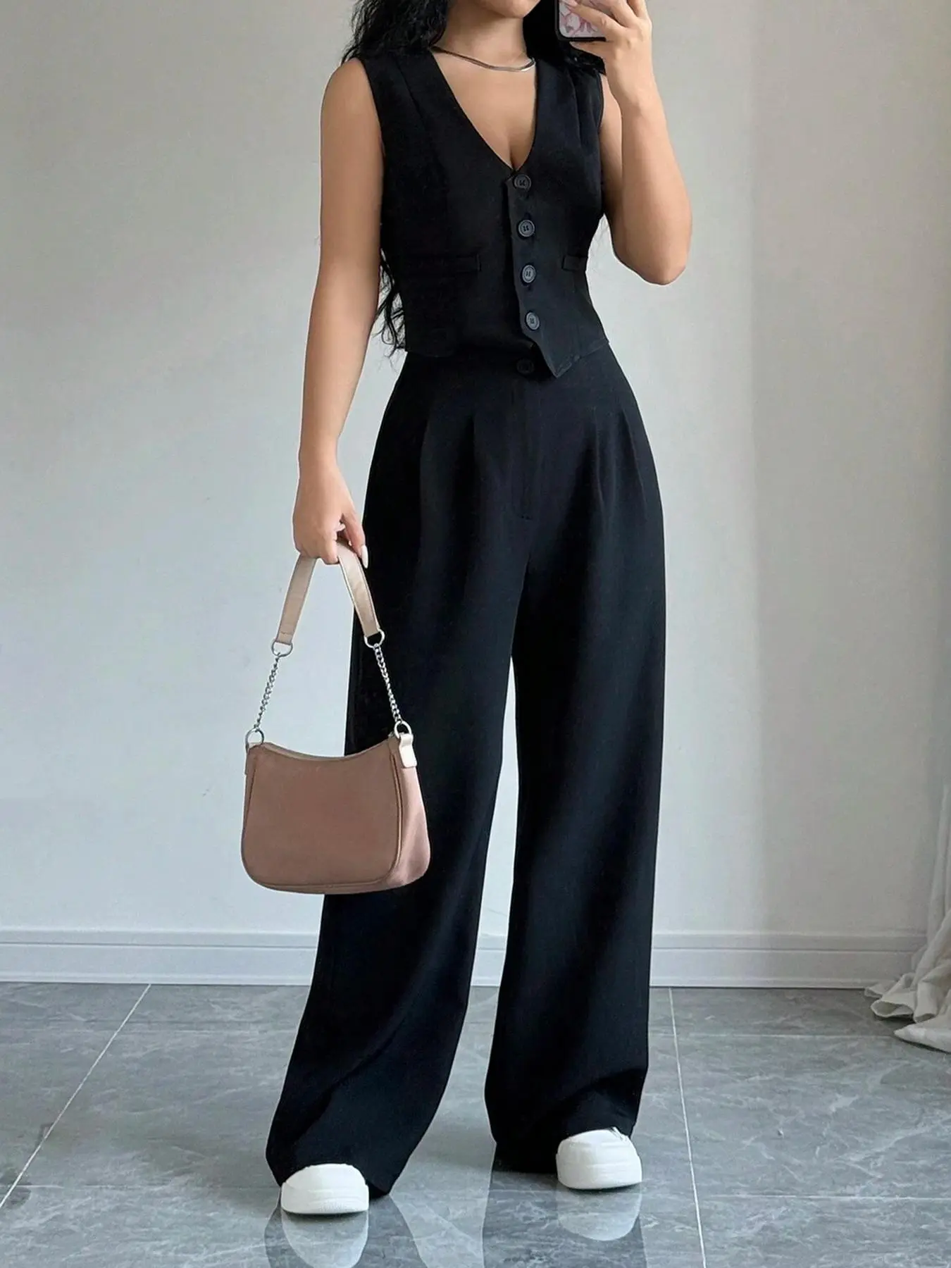 Women's Solid Color Tank Top & Wide Leg Pants Two-piece Set, Elegant Fashion Casual Two Piece Outfits for Daily Outdoor Wear, Ladies Clothes for All Seasons