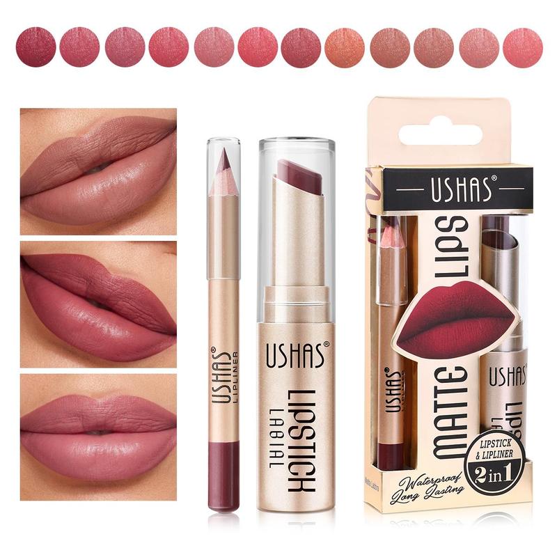 Product Introduction of 2 in 1 Lipstick & Lip Liner Makeup Set, 2 Counts/set Long Lasting Nude Color Lipstick Makeup Tool, Lip Gloss Lip Liner Lip Stain Lip Kit Sets, Gift for Girls & Women 5