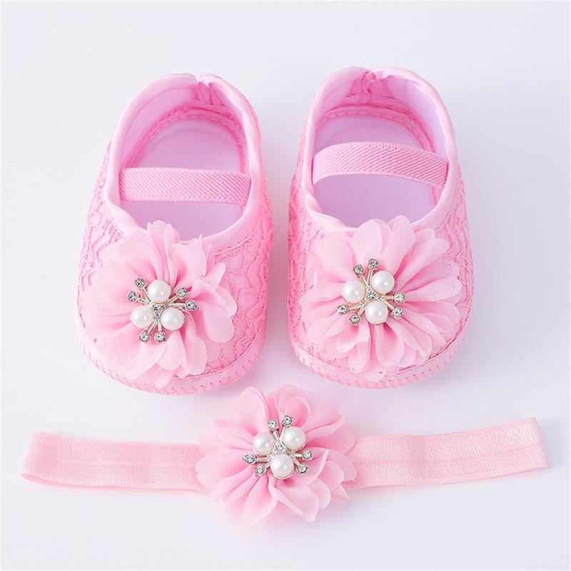 Baby Girls Flats and Headband Soft Sole Non-slip Pearl Flower Princess Wedding Dress Walking Shoes for Newborn 5