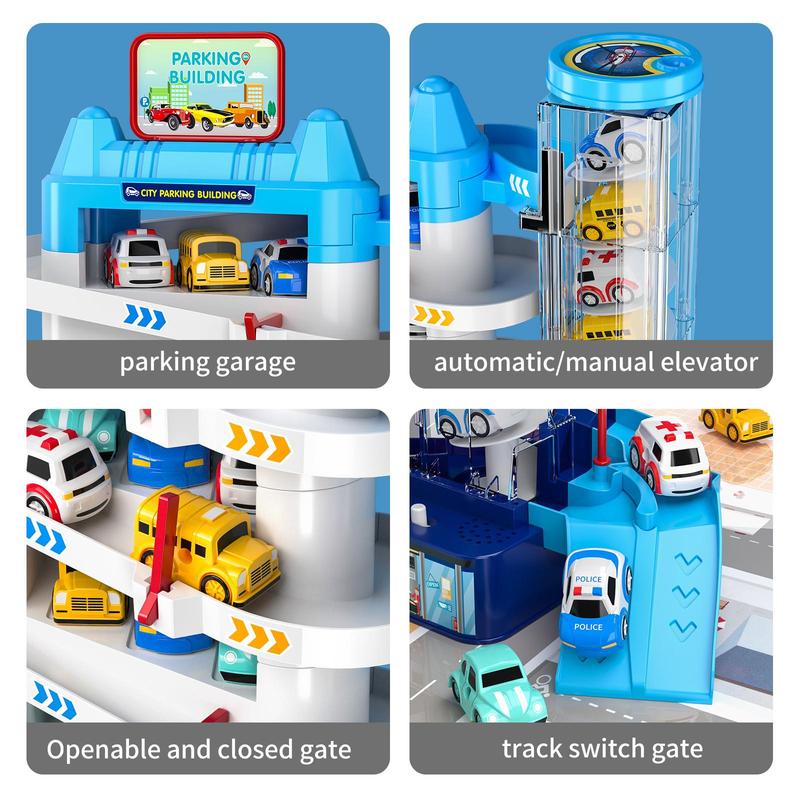 Car Parking Game Set, Garage Track with Elevator & 4 Car Set, City Parking Building Toy For Kids 2
