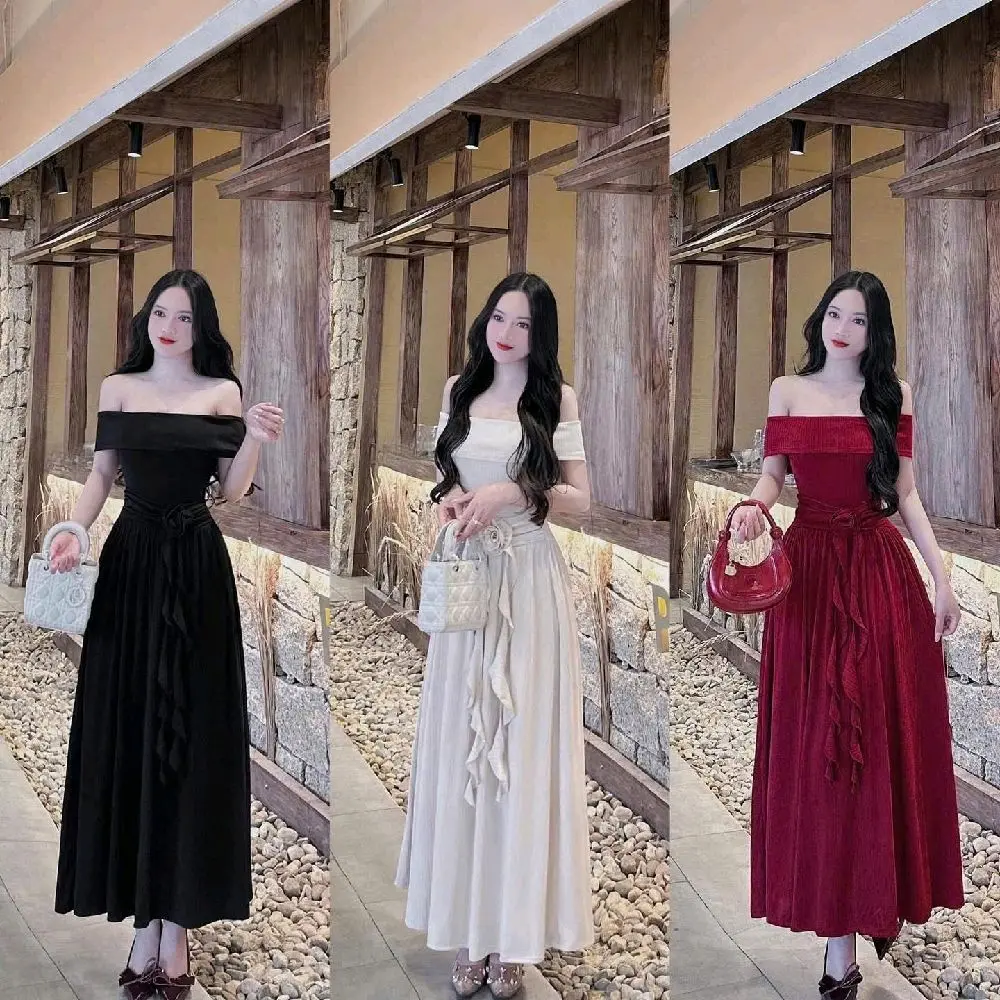 Đầm body nữ cổ trễ đính hoa nhúng eo dáng dài xòe dễ thương thiết kế dành đi tiệc/đi chơi_ Chất thun tăm lạnh Gg127