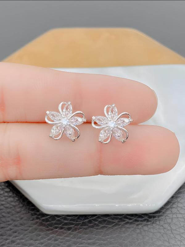 1 Pair Minimalist Elegant Rhinestone Decor Flower Shaped Design Stud Earrings, Fashion Jewelry For Women 3