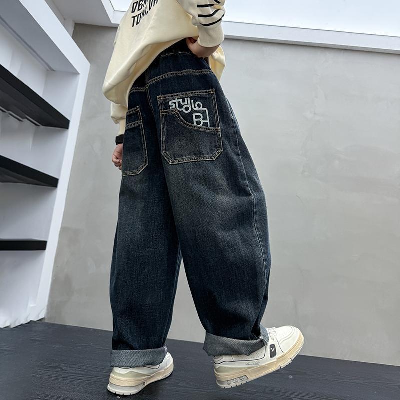 Quần Jeans Ống Rộng Unisex Cho Bé Trai Bé Gái Phong Cách Hàn Quốc Cá Tính Chất Denim Cao Cấp Size 120-170