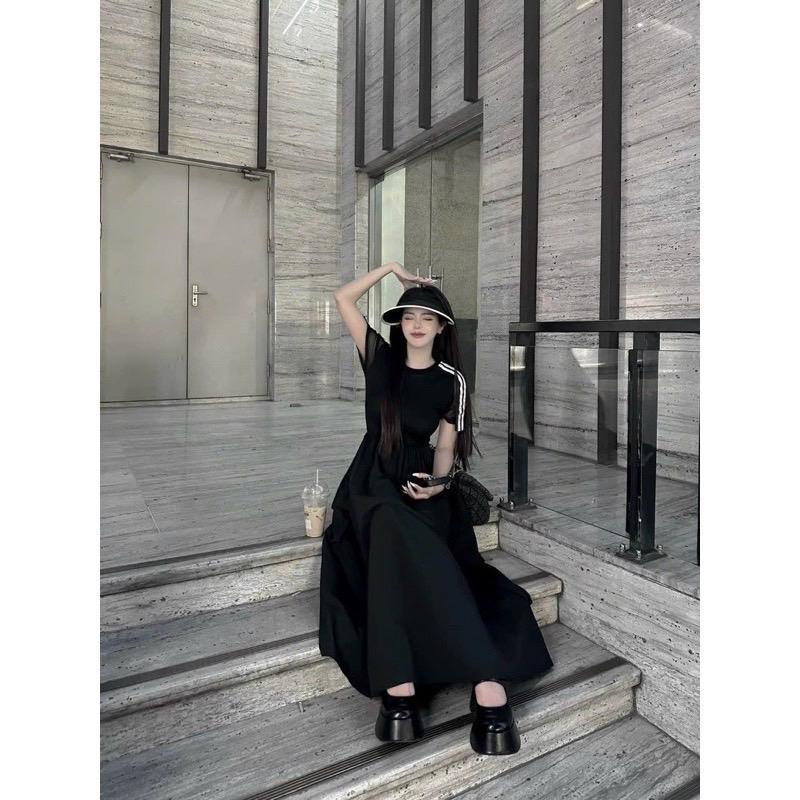 ( 50-90kg)ĐẦM MPB KẺ SỌC TAY dáng dài cổ tròn phối túi sườn cực trend