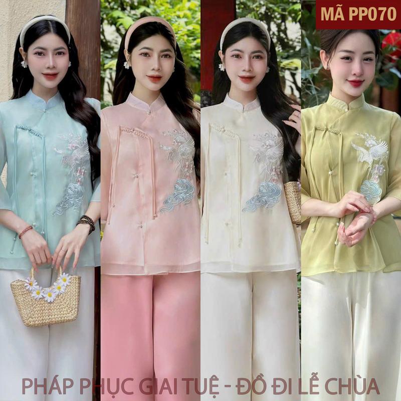   PP070 _Pháp Phục Đi Lễ Chùa Cho Nữ Mã Voan Khuy Tết Chất Liệu Áo Voan Tơ 2 Lớp Lót habutai Quần Lụa Vân Họa Tiết Thêu Hạc Size S-XL  44-65kg  