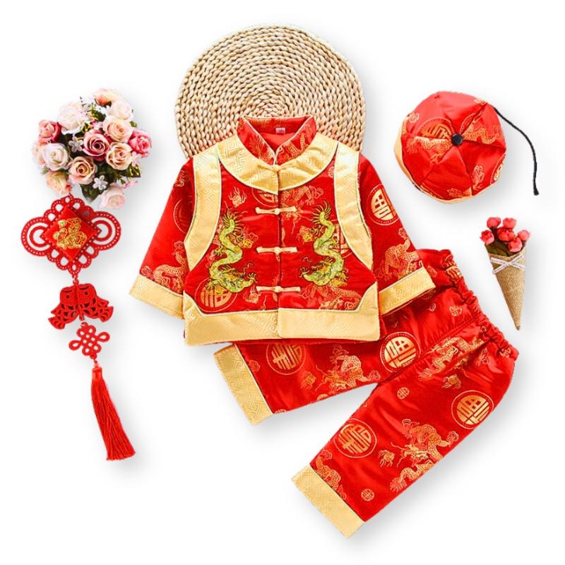  Bộ Đồ Tết Cho Bé Trai Sơ Sinh Kèm Nón Dưới 3 Tuổi Set Dài Tay Vải Gấm Đỏ Thêu Rồng Phù Hợp Tết SE135 