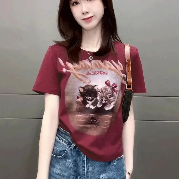 Áo Phông Ngắn Tay, Phổ Biến, Dành Cho Nữ, Hàng Mới Về Mùa Hè, Phong Cách Hàn Quốc, Mỏng Vừa Vặn, Thiết Kế In Hình, Áo Khoác Bụng Ngắn, Thời Trang
