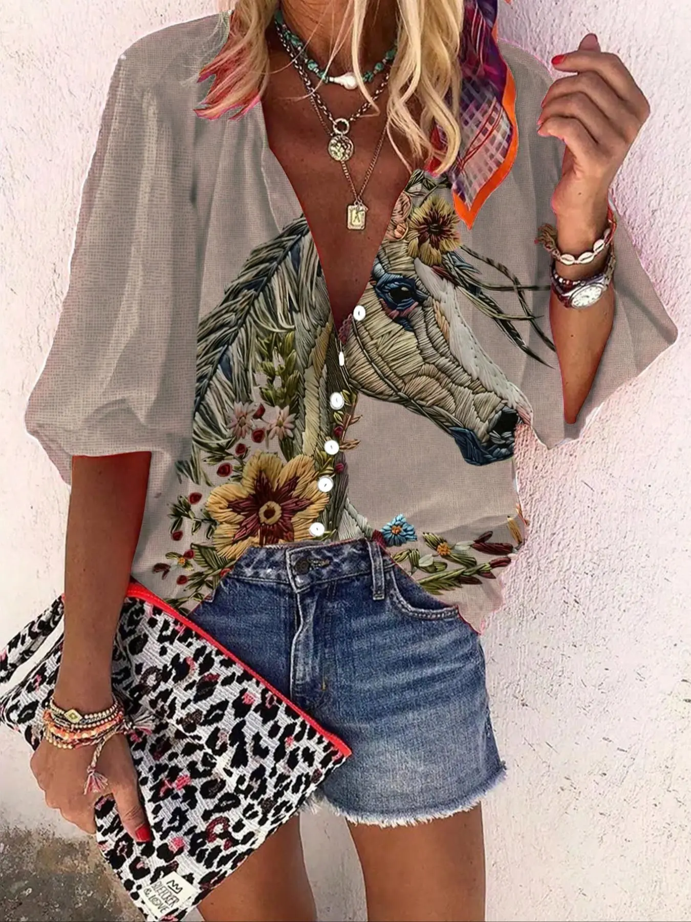 Women's Floral Print Button Front Blouse, Casual 3/4 Sleeve Stand Collar Top for Daily Wear, Ladies Clothes for All Seasons