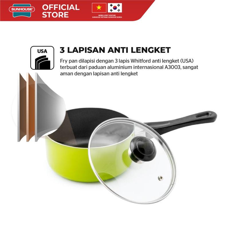 Product Introduction of Sunhouse SHG-MP16 Panci Saucepan+Tutup Kaca Anti Lengket Hijau 16cm 1 Pcs Aluminium Dapur 15