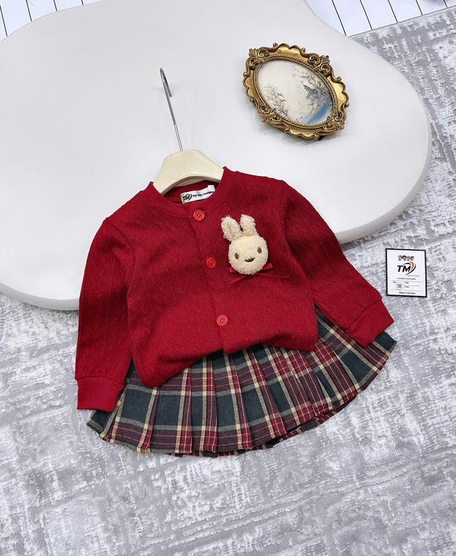   Lumy Áo len kèm chân váy kẻ cho bé Gái tặng kèm thỏ đủ size 8-35kg len thỏ  