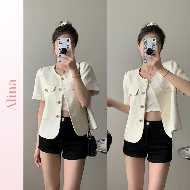 Áo blazer nữ tay ngắn dáng dài chất liệu dạ tweed hai lớp áo dạ tweed nữ mùa hè cộc tay cổ tròn thanh lịch