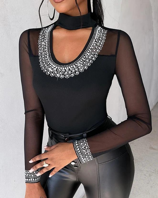 Product Introduction of Female Clothing Tshirts Pullover Tops Sexy Blouses Sheer Mesh Rhinestone Top 2023 Autumn Winter Spring New Fashion Casual 6