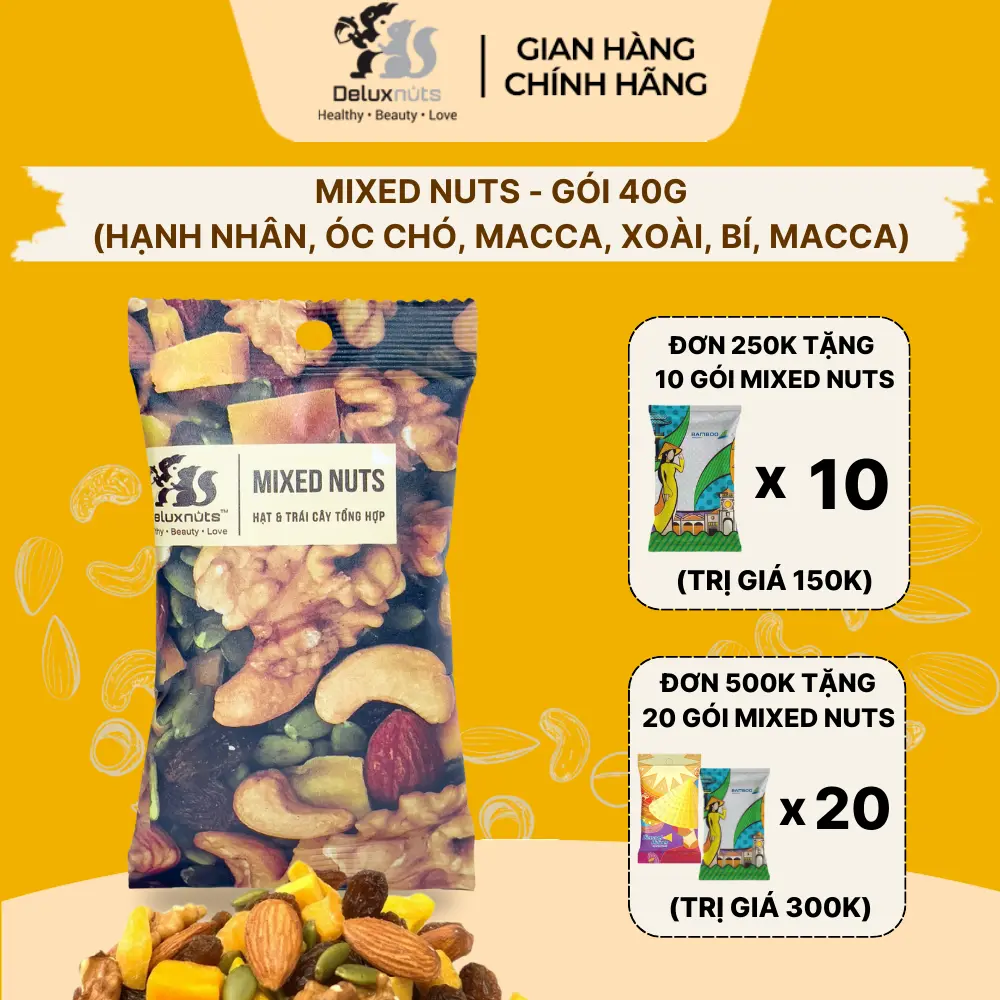 [QUÀ TẶNG] Gói Mixednuts 40g Deluxnuts | Có Nhiều Loại Hạt Macca, Hạt Hạnh Nhân, Hạt Óc Chó, Hạt Nho Deluxnuts Snack Ăn Vặt (Gói 40g)