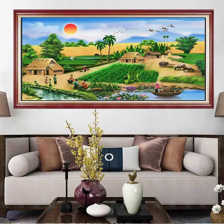Tranh thêu chữ thập Làng Quê Yên Bình (thêu kín) VS8223 - KT:(150x75)cm