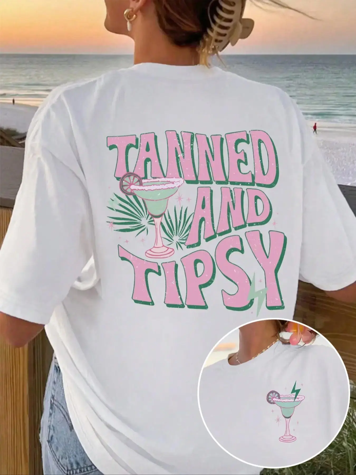Women's Tanned and Tipsy Graphic Tee, Casual Trendy T-shirt for Summer, Women's Top for Daily Wear