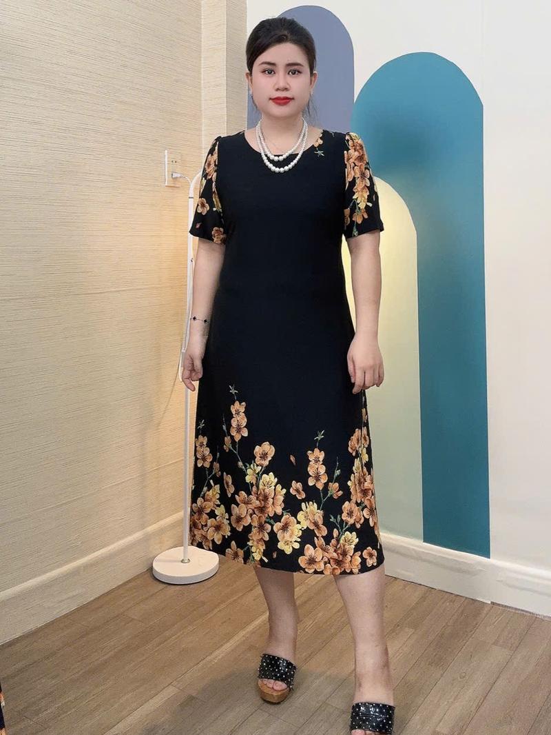 Product Introduction of Đầm Suông TD09 Trung Niên Màu Sắc Duyên Dáng (45kg - 95kg) Lụa Mango Họa Tiết Hoa Lá Voi Xanh Rêu Kem Voan Sen Hoa Sen Màu Đen 4