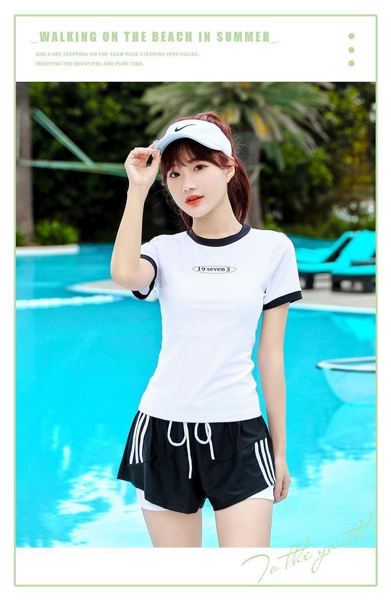 Product Introduction of Two-piece Swimsuit for Women with Short Sleeve Belly Cover and Thin Sports Spa 17