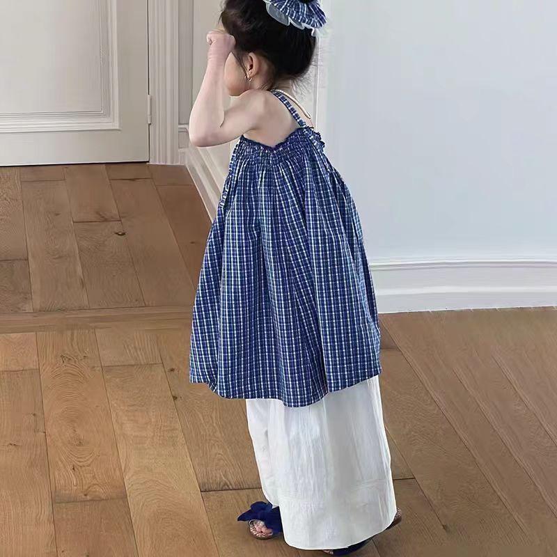 Trang Phục Mùa Hè Cho Bé Gái, Phong Cách Hàn Quốc Mới, Váy Vest Kẻ Sọc Thời Trang, Quần Ống Rộng Cho Bé Gái, Bộ Hai Mảnh, 2023, Thích Hợp Cho Trẻ Em 0