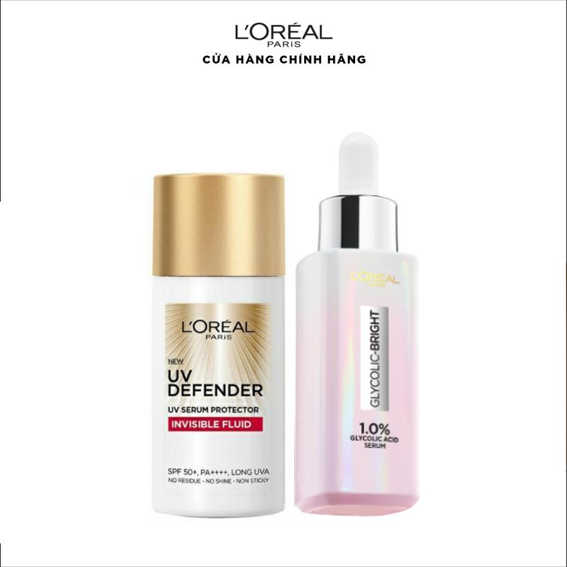 LOREAL x Hannah - BỘ SẢN PHẨM CHỐNG NẮNG VÀ DƯỠNG SÁNG: Serum dưỡng sáng mờ thâm nám Glycolic Bright 30ml & Kem chống nắng UV Fluid 50ml