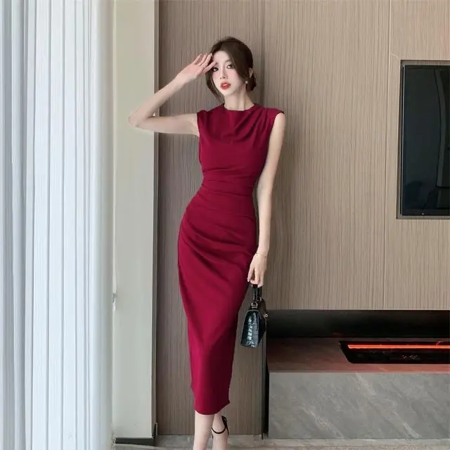 Váy Hông Xếp Ly Eo Không Tay Phong Cách Pháp Thanh Lịch Của Phụ Nữ, Thích Hợp Cho Phụ Nữ Trưởng Thành, Phong Cách Xã Hội Mới, Mỏng Vừa Vặn, Màu Trơn, Dành Cho Phụ Nữ, Phụ Nữ Giống Như Phụ Nữ Women Dress
