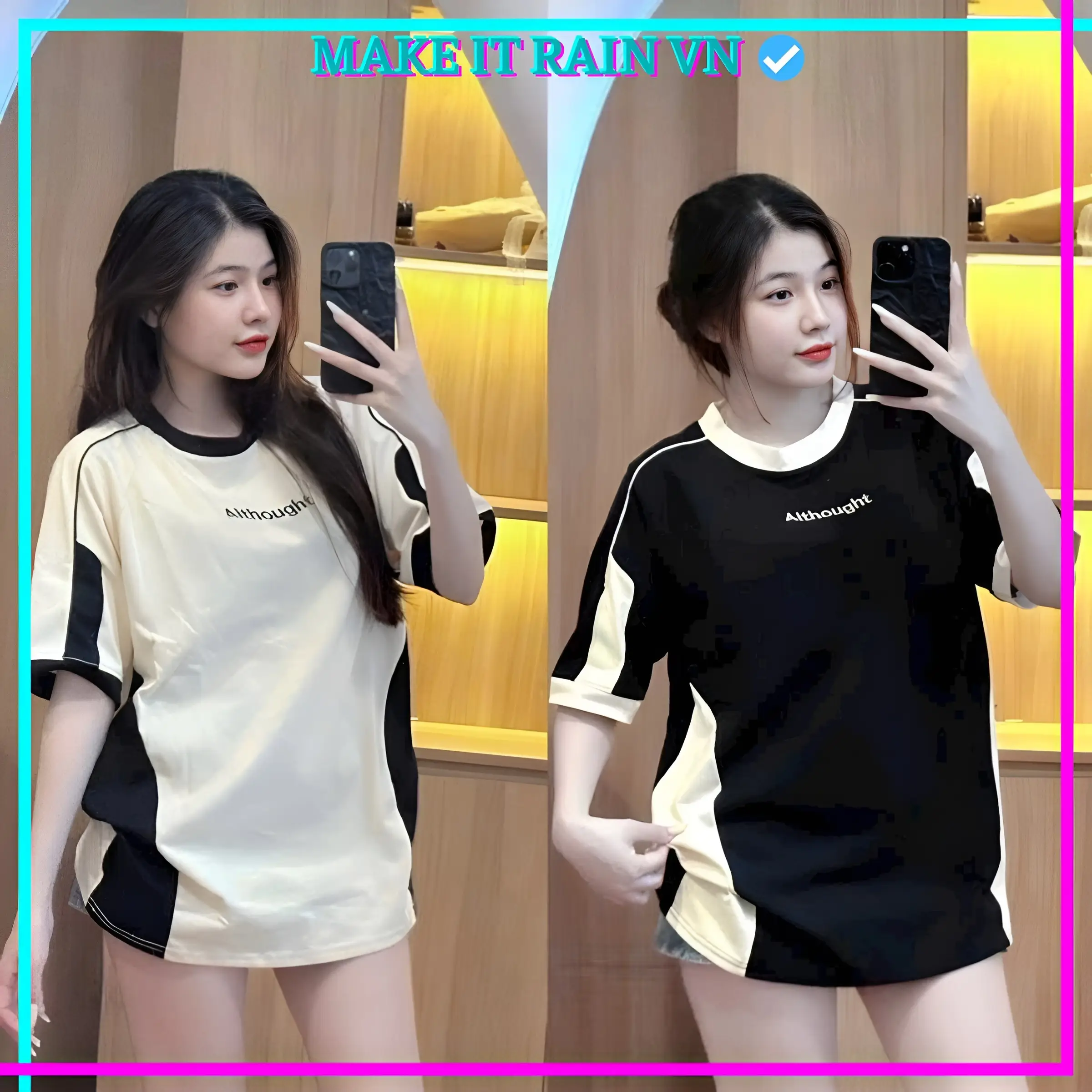 [Mua Có Quà] Áo Thun Nam Nữ Raglan Although Thêu Make It Rain Áo Phông Unisex Form Rộng Cổ Tròn Top Nữ
