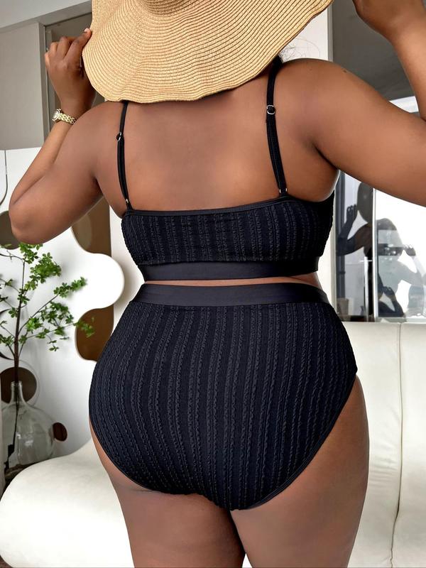 Plus Size Summer Textured Bikini Set, Casual Comfy Swim Top & High Waist Swim Bottom Swimsuit Set, Bathing Suits 2024 for Women, Women's Swimwear for Summer 1