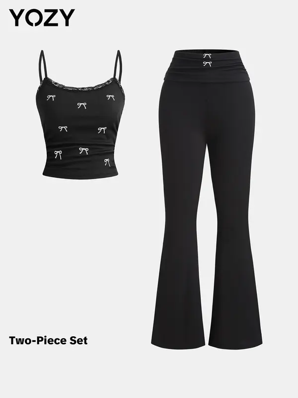 YOZY Women's Bow Print Contrast Lace Cami Top & Flare Leg Pants Two-piece Set, Y2k Casual Adjustable Strap Top & Bell Bottom Trousers for Daily Wear, Ladies Clothes for All Seasons, Womenswear 3
