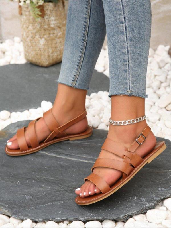 Women's Fashion Plain Pu Leather Sandals, Casual Summer 2024 Flat Sandals, All Match Gladiator Sandals for Daily Wear 2