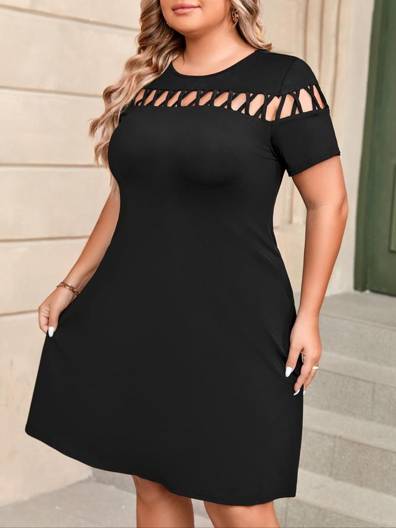 Product Introduction of Plus Plain Criss Cross Hollow Out Round Neck Tee Dress, Summer Clothes Women, Dresses Summer, Elegant Fashion Short Sleeve Dress for Daily Outdoor Wear, Women Plus Clothing for Summer 1