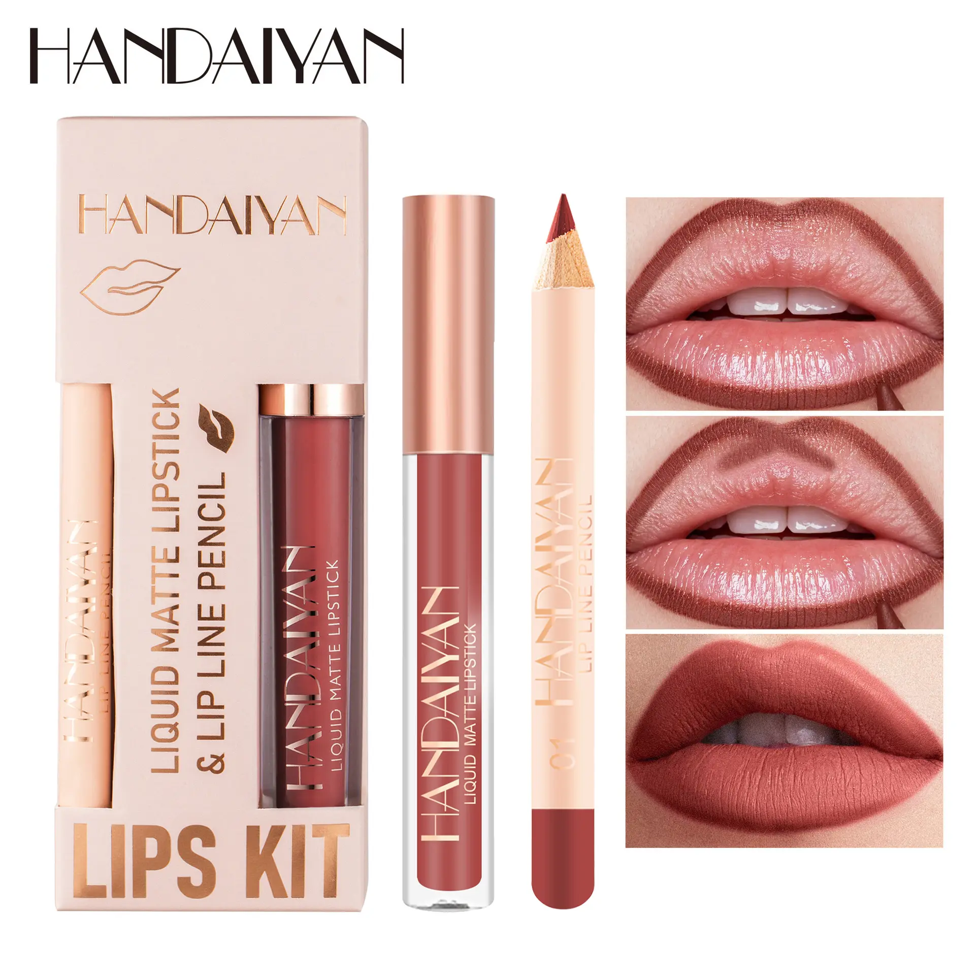 Handaiyan 12 Colors Longlasting Lip Gloss Lip Liner Combination Suit Matte Lipstick Velvet Lip Liner Cosmetic Glitter