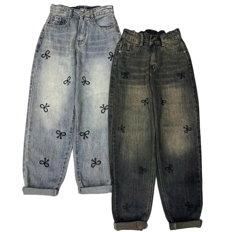  Quần jean baggy nữ cạp chun thêu nơ lưng cao không co dãn denim women pants 