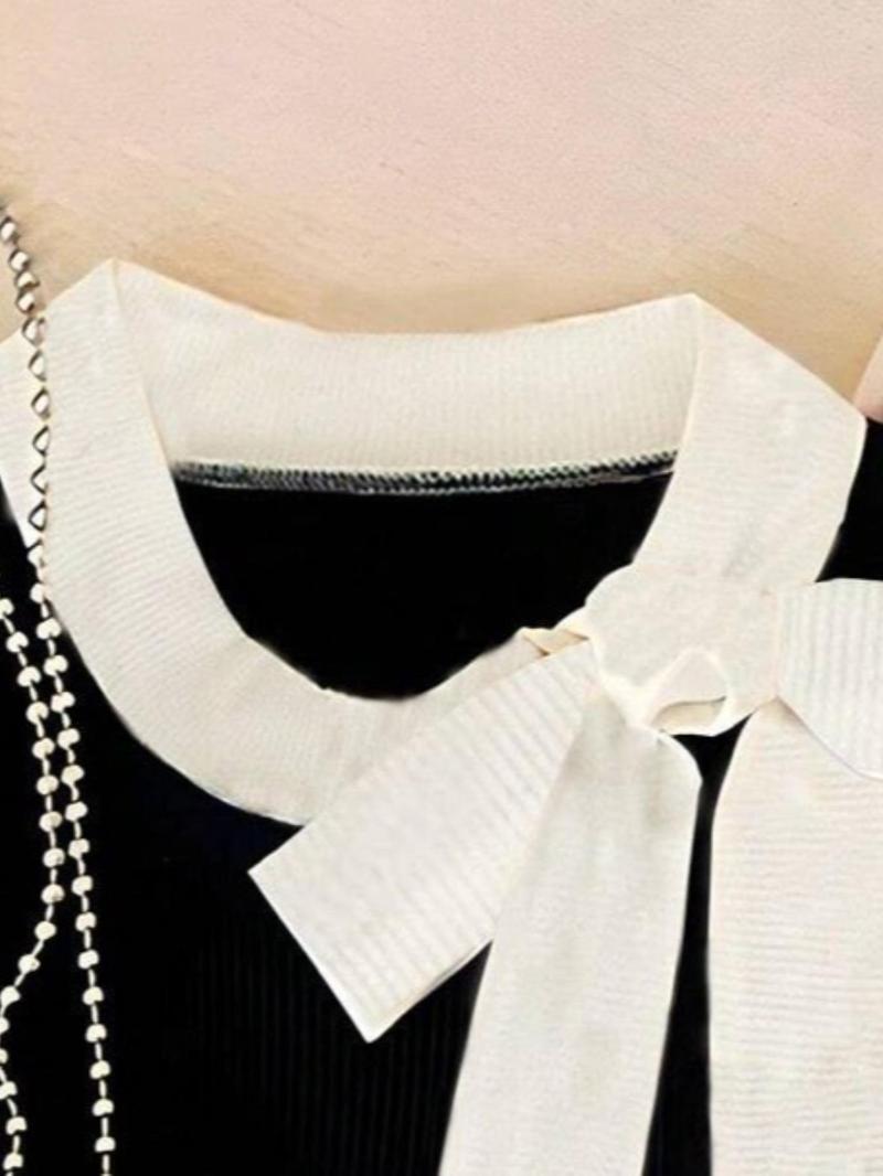 Product Introduction of Women's Colorblock  Bow Decor  Sweater Vest, Elegant Casual Sleeveless Knit  Top for Daily Wear, Ladies Clothes for All Seasons 4