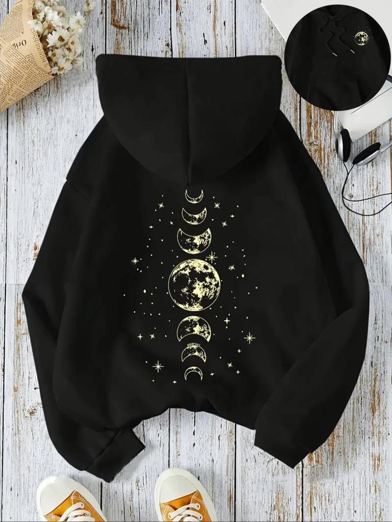 Product Introduction of Women's Star & Moon Print Drawstring Hoodie, Casual Long Sleeve Kangaroo Pocket Hooded Sweatshirt for Fall & Winter, Women's Clothes for Daily Wear 5