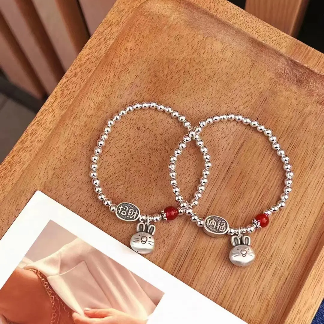 Vòng Tay Thỏ, Bạc Nguyên Chất S999, Phong Cách Cổ Điển Với Nhân Vật Fu, Vòng Tay Hạt Tròn Đơn Giản, Trang Sức Thanh Lịch Của Phụ Nữ