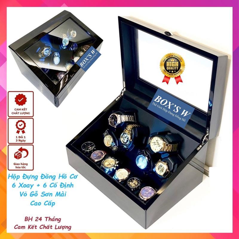 Hộp Đựng Đồng Hồ Cơ 6 Xoay + 6 Tĩnh Vỏ Gỗ Màu Rêu Có Đèn LED - Hộp Đồng Hồ Xoay 6 Ngăn 6 Cố Định Gỗ Sơn Mài - CW189