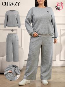 CURVZY Plus Size Two-Piece Set Letter Patched Textured Drop Shoulder Sweatshirt & Elastic Waist Wide Leg Pants Set, Casual Fashion Cozy Breathable Two-piece Outfits for Daily Outdoor Wear, Women Clothing for Fall & Winter
