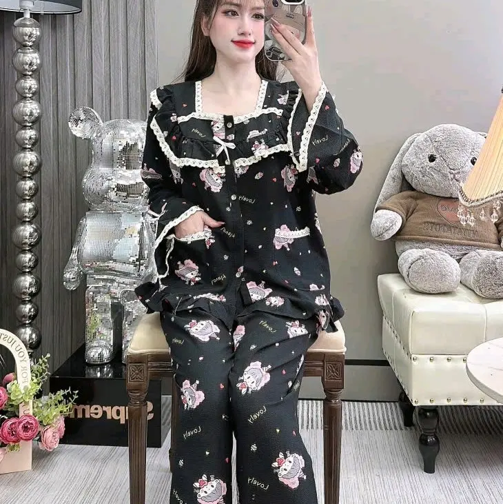Bộ tiểu thư tay dài 40/60kg viền ren nhúng bèo chất đũi sốp .đồ mặc nhà thoáng mát Nhung Tim 3